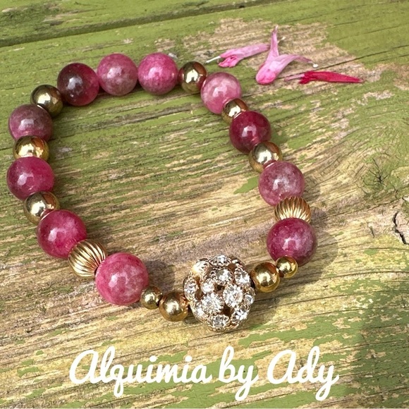 Pink agate and watermelon Tourmaline spheres beaded bracelet chunky - Picture 1 of 4